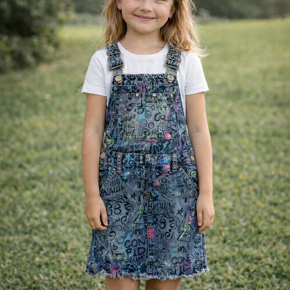 Chillipop Denim Overall Dress with Graffiti Print